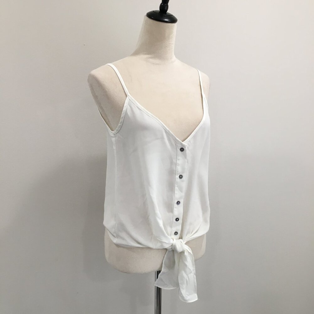OLIVACEOUS White Sleeveless Strappy Knot/Tie Hem Sheer/Thin Button Top